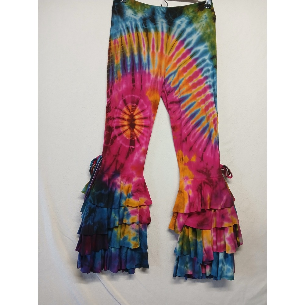 Tie dye Ruffled bell bottom rave retro whimsigoth festival pants M/L  rainbow - Picture 5 of 6